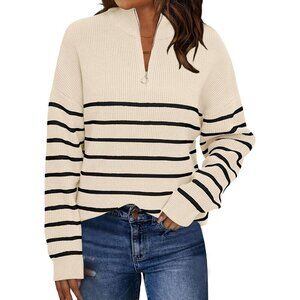Chic Women's Quarter Zip Oversized Striped Sweater for Cozy Fall Fashion